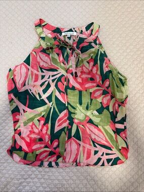 Rose & Olive Coral and Green Tropical Tie-Neck Top